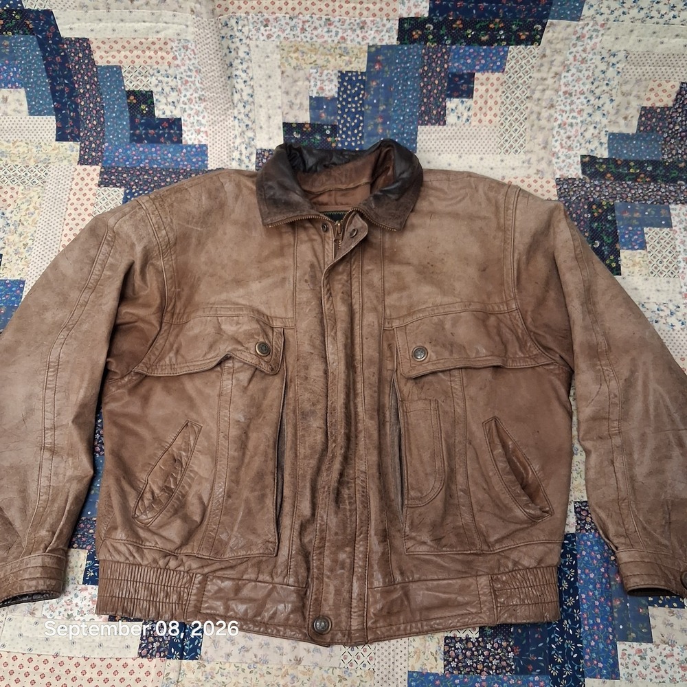 Mens Large Vintage 80s Reed Sportswear Distressed Brown Leather Aviator Jacket